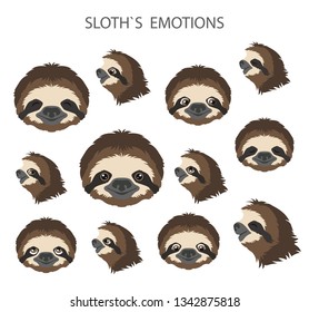 Sloth face emotions collection. Funny cartoon animals. Vector illustration