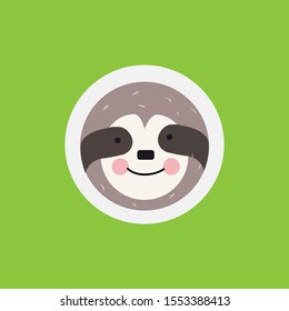 Sloth face logo type. Sloth sticker. Cartoon style icon, vector illustration.