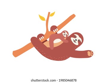 Sloth family hanging on twig. Happy Mother's Day cards. Vector illustration