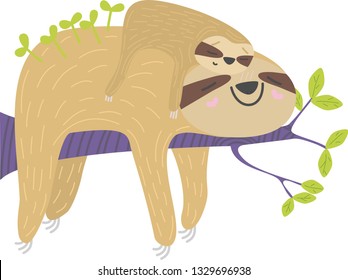 sloth family is resting on the tree branch
