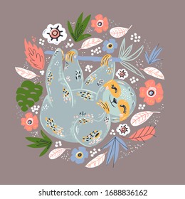 Sloth flat hand drawn circle illustration. Lazy cartoon animal character hanging on tree branch. Multicolor poppies flowers vector border. Sleepy mammal with cute face 