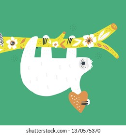 Sloth flat hand drawn poster. Lazy cartoon animal character holding heart. Stylized tree branch with floral ornament. Smiling mammal with cute face. Valentines Day vector greeting card