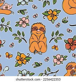 SLOTH FLOWER Cute Animal Sits On Meadow Head Propped Up Floral Sketch Cartoon Seamless Pattern With White Outline Sticker Vector Illustration On Blue Background