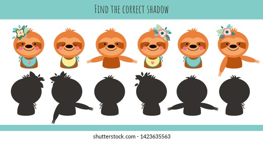 Sloth with flowers. Learning children game. Find the correct shadow.   Cartoon cute  illustration on a white background.  - Vector