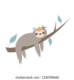 Sloth  with flowers wreath on head hanging on the tree vector graphic. for kids. 