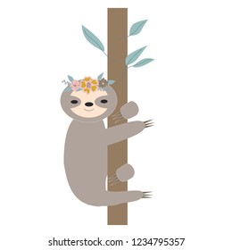 Sloth  with flowers wreath on head hanging on the tree vector graphic. for kids. 