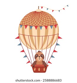 Sloth fly on hot air balloon. Cartoon retro flying hot air balloon with cute animal on board flat vector illustration. Cute sloth character flying on air transport