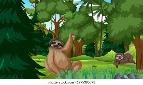 Sloth in forest at daytime scene with many trees illustration