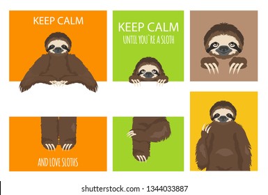 Sloth greeting collection with place for text. Funny cartoon animals in different postures set. Vector illustration