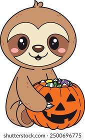 Sloth with halloween pumpkin vector illustration