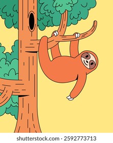 Sloth hanging from a branch in a colorful tree, cartoon character vector hand drawn illustration for wildlife and animal-themed