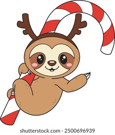 Sloth hanging from giant candy cane vector illustration