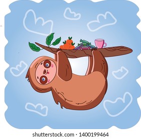 
Sloth is hanging on a branch, eating candy and drinking tea