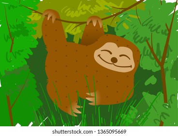 Sloth hanging on a branch in the jungle vector cartoon