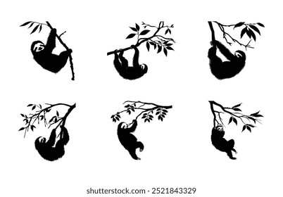 Sloth Hanging on Branch Silhouette Bundle, Sloth Climbing Tree Vector Black Clipart Set