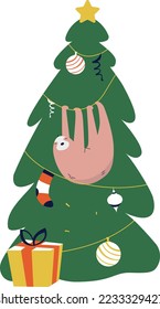 sloth hanging on a Christmas tree,
sloth on a garland, Merry Christmas prints, Adorable hand drawn sloth character illustrations, wrapped in Christmas lights
