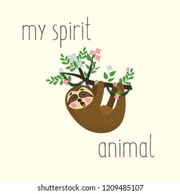 Sloth hanging on tree branch and yawn. Cute cartoon character. Wild jungle animal collection. My spirit animal. Vector illustration