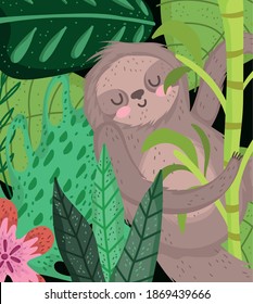 sloth hanging on tree branch flower leaves safari cartoon vector illustration