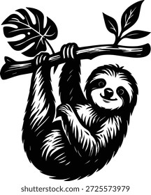 Perezoso que cuelga en la rama del árbol - Perezoso en la silueta del árbol - Diseño relajante de los animales de la selva tropical, perezoso en la escena del rancho del árbol