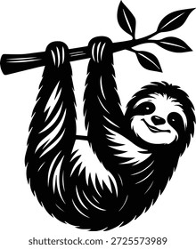 Perezoso que cuelga en la rama del árbol - Perezoso en la silueta del árbol - Diseño relajante de los animales de la selva tropical, perezoso en la escena del rancho del árbol