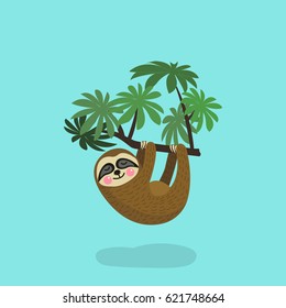 Sloth hanging on tree branch . Cute cartoon character. Wild jungle animal collection. Baby education. Isolated. Flat design Vector illustration