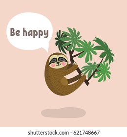 Sloth hanging on tree branch . Cute cartoon character. Wild jungle animal collection. Baby education. Isolated. Flat design Vector illustration