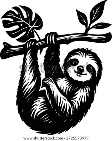 Sloth Hanging on Tree Branch - Sloth on Tree Silhouette - Relaxing Rainforest Animal Design, Sloth in Tree Ranch Scene
