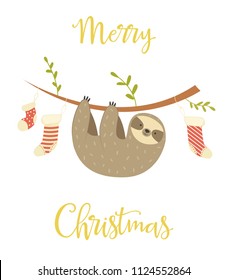 Sloth hanging on the tree. Christmas greeting card. Holiday banner