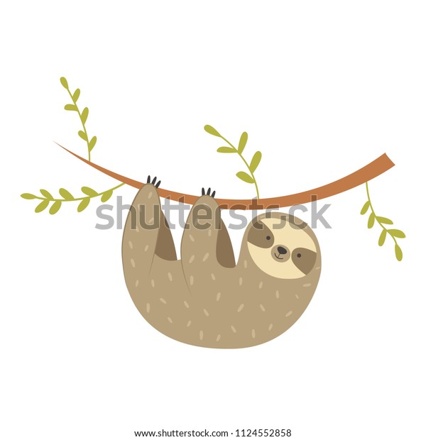 Sloth Hanging On Tree Vector Funny Stock Vector (Royalty Free) 1124552858