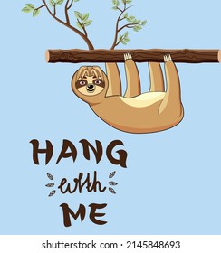 The sloth is hanging on a tree and watching. Funny animal on a blue background. Vector stock illustration. Cartoon. Isolated