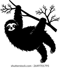 Sloth Hanging Silhouette Vector Lazy Animal on Tree Clipart