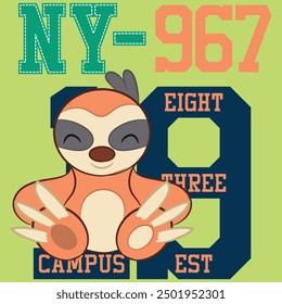 Sloth hanging sports design with fun and cute sports motifs, numbers and colorful, completely cute. Design for different applications