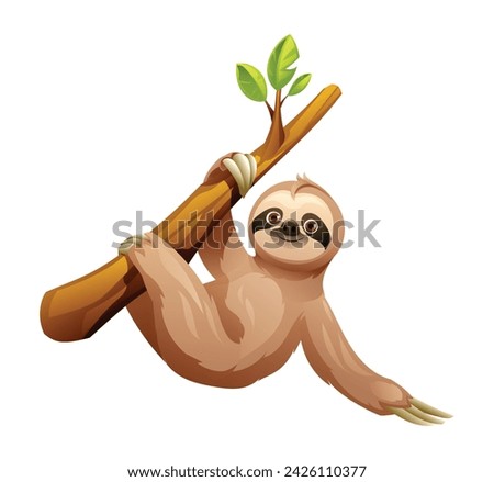 Sloth hanging from tree branch. Cartoon vector illustration isolated on white background
