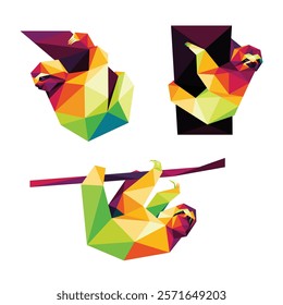 Sloth hanging in tree in colorful polygonal abstract vector set. Collection of Sloth in colorful vector logo. Sloth Colorful Abstract triangle logo set