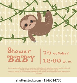 Sloth hanging from the vines on a beige background. Invitation card template design for baby shower party. Vector