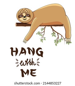 Sloth hangs on a tree and rests. Vector stock illustration. White background. isolated. Cartoon. Comic. Animal. Place for an inscription