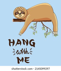 Sloth hangs on a tree and rests. Exotic animal. Vector stock illustration. Cartoon. Blue background. Comic. Place for an inscription. isolated