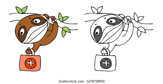 Sloth has wearing face mask. Cute illustration of sloth - doctor. Vector illustration for concept quarantine and illness treatment coronavirus. Illustration for pediatrician, pediatric ward hospital.