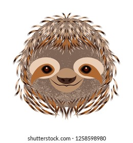 Sloth. Head face portrait. Gray fur. Cartoon style Animal smiles