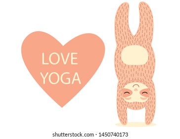 Sloth with heart love yoga. Element for logo, game, print, poster or other design project. Vector illustration.