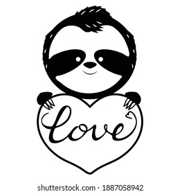 Sloth with heart silhouette in black colour isolated on white background. Romantic, cute bear in cartoon style. Positive symbol.