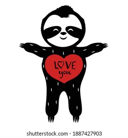 Sloth with heart silhouette in black colour isolated on white background. Romantic, cute bear in cartoon style. Positive symbol.