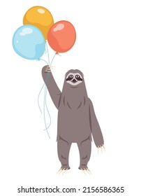 Sloth holding balloons. Animal in cartoon style.