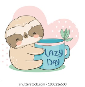 Sloth holding a cup with the inscription lazy day on the background of the heart vector illustration