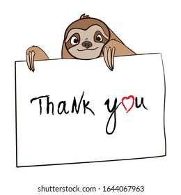 sloth holds a card. thank you inscription. free hand lettering. hand drawn isolated on a white background.