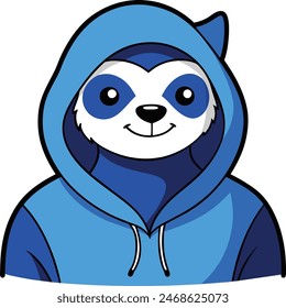 sloth in a hoodie and t-shirt, ear piercing, black contour, blue fur vector art illustration