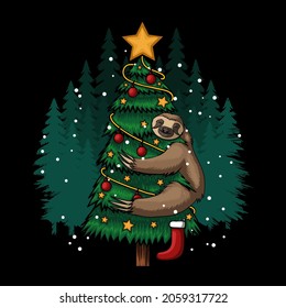 sloth hugging tree merry christmas vector illustration for your company or brand