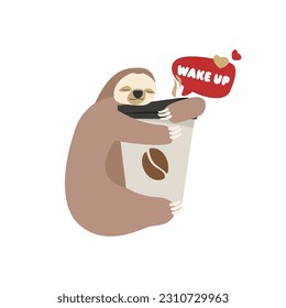 Sloth abraza una taza de café caliente. despertar El carácter de un animal dormido. Gráficos amables y divertidos para anuncios de cafés, tipografía, pegatinas. Ilustración del vector