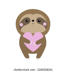 Sloth icon holding pink heart. Happy Valentines Day. Cute cartoon kawaii funny baby character. Pink cheek. Wild jungle animal. Tshirt, greeting card print. Flat design. White background. Vector