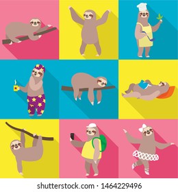 Sloth icon set. Flat set of 9 sloth vector icons for web design isolated on white background